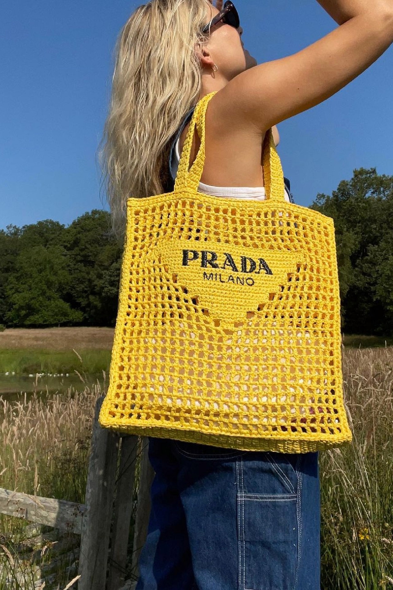 Prada Small Raffia Tote Bag in Yellow