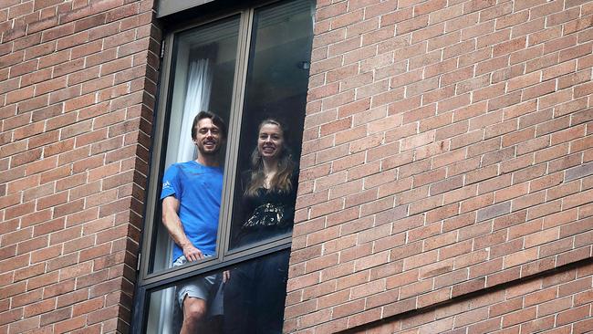 John Millman and his girlfriend Fi in the Sofitel Wentworth Hotel in quarantine.