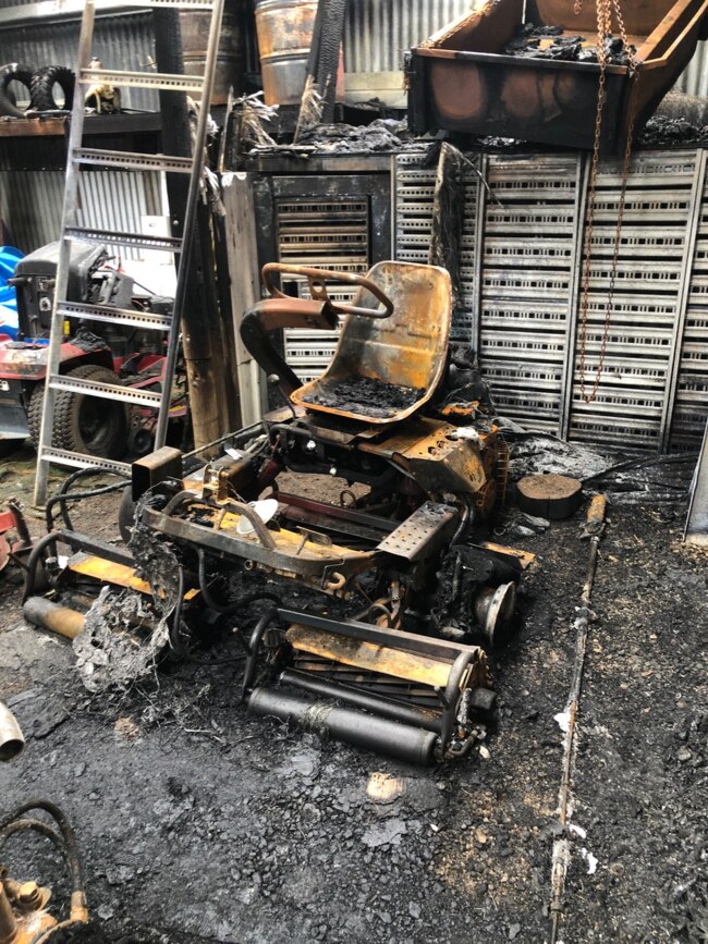 The damage to some of the equipment at the Romsey Golf Club after a fire in a shed. Picture: Romsey Golf Club.