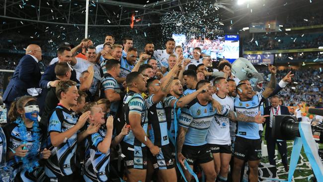 Cronulla Sharks celebrating their 2016 grand final win over the Storm. Picture: Mark Evans