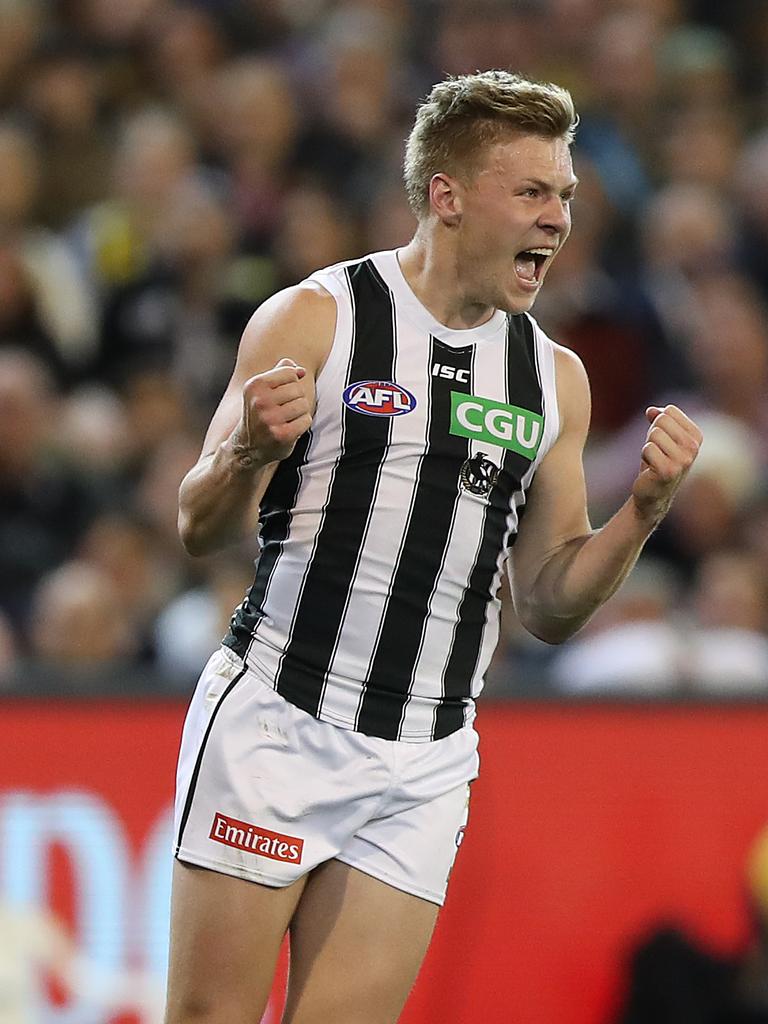 Collingwood Jordan deGoey celebtrates goal for Collingwood. Picture: Alex Coppel