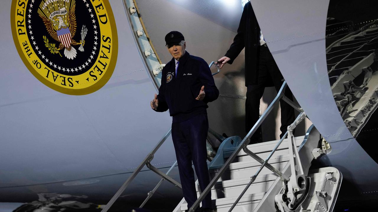 A frail Joe Biden stepping off Air Force One shortly before announcing his withdrawal from the presidential race. Picture: Kent Nishimura / AFP