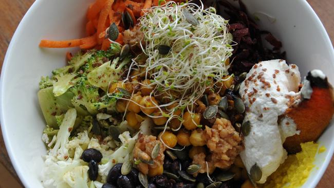 The Life-Extending Bowl with roasted pumpkin, turmeric chickpeas, black turtle beans, cauliflower, beetroot, carrot, broccoli, roasted garlic, citrus cashew relish, lemon and olive oil. Picture: Stacey Roberts