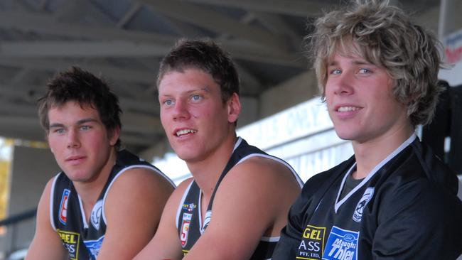 Port Adelaide Magpies players Levi Greenwood, Brad Ebert and Steven Summerton in 2007. Picture: Cathy Mundy