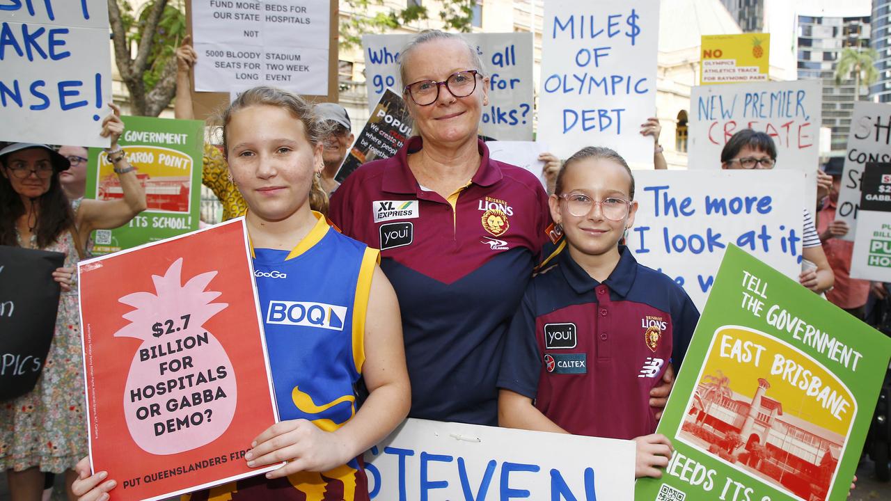 Brisbane Lions fans joined protestors outside Parliament house in Brisbane during a protest against the Olympics plans and saving the Gabba. Picture: NCA NewsWire/Tertius Pickard