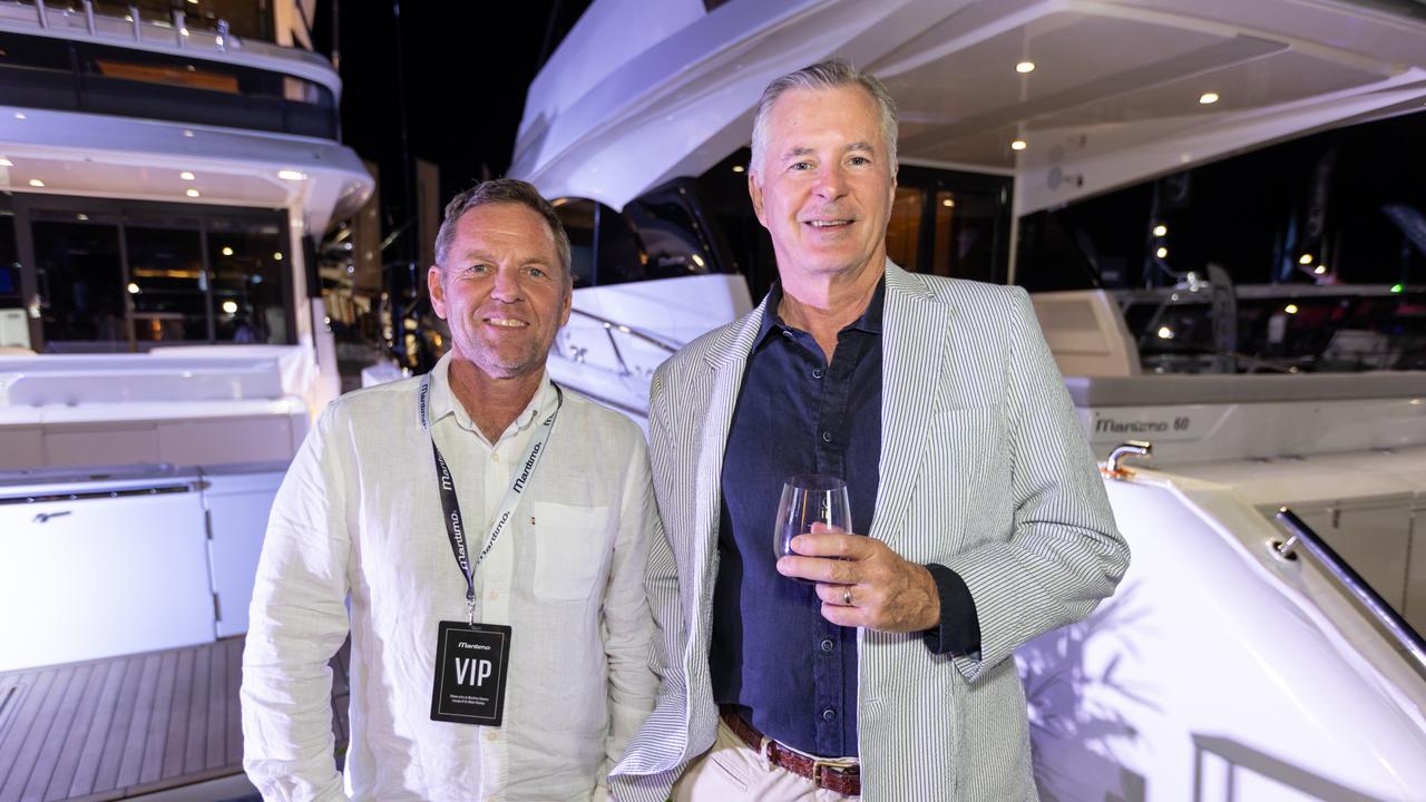 David Callaghan and Geoff Tilden for The Pulse at Maritimo Luxury Yachts global launch of the S75 and M75 at the Sanctuary Cove International Boat Show 2023. Picture: Celeste Humphrey