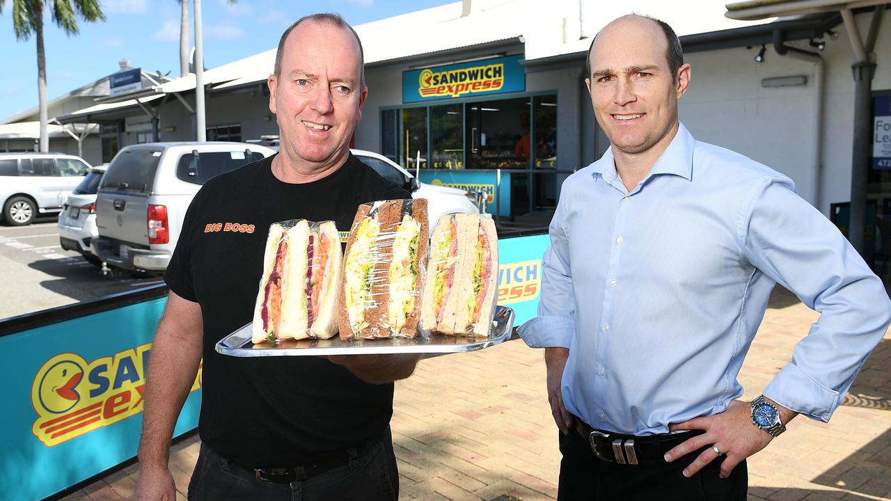 Sandwich Express franchise owner David Maley with Colliers executive Shaun McLaren at the new Cannon Park location. Picture: Shae Beplate.