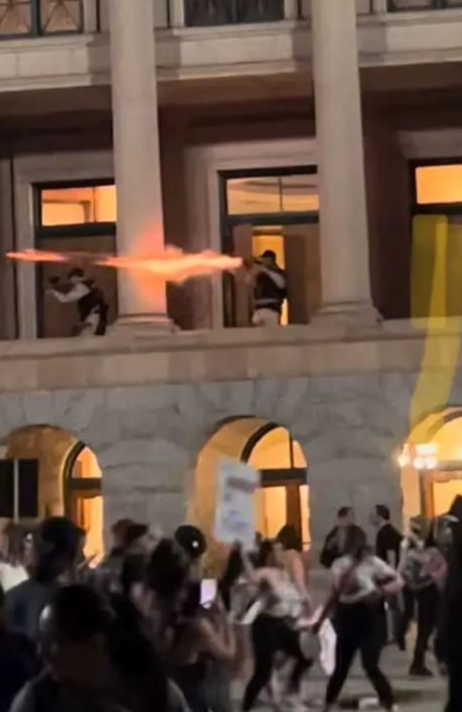 Riot Police use tear gas on the protest crowd at Arizona State Senate. Picture: Twitter AZ Right Wing Watch @az_rww