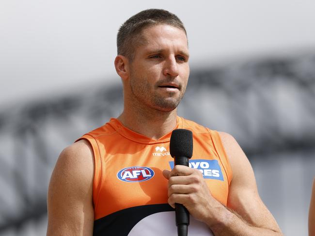 SYDNEY, AUSTRALIA - MARCH 03: Jesse Hogan of the Giants speaks to the media during the 2025 AFL Opening Round Launch at Sydney Opera House on March 03, 2025 in Sydney, Australia. (Photo by Darrian Traynor/AFL Photos/via Getty Images)