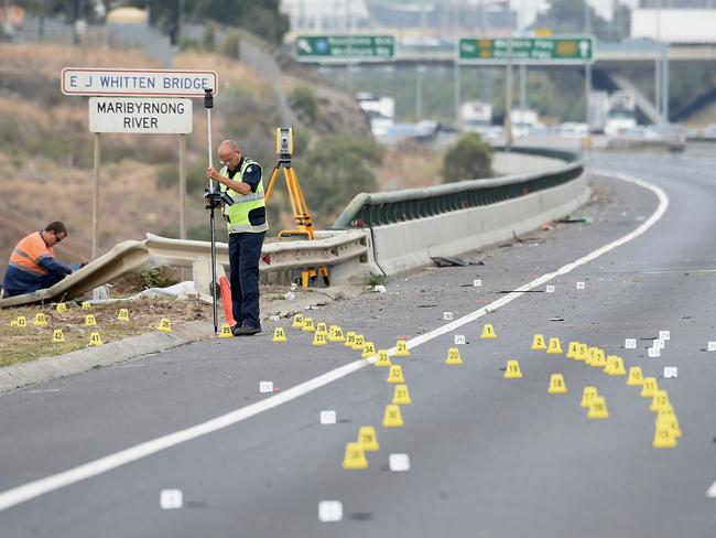 Markers indicate where the car lost control and left the road. Picture: Nicole Garmston