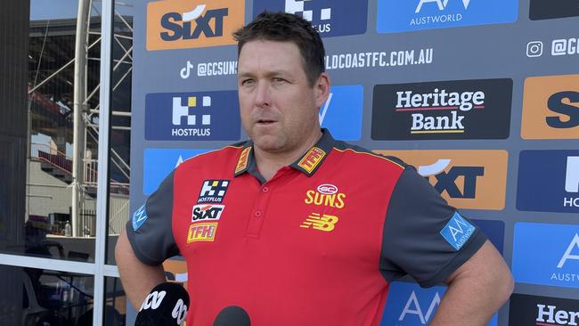 Gold Coast Suns coach Stuart Dew speaking to media on Wednesday afternoon in Darwin.