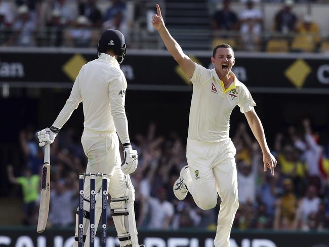 Josh Hazlewood celebrates James Vince’s wicket.