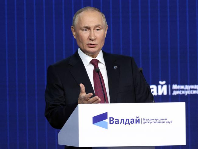 Russian President Vladimir Putin addresses the plenary session of the Valdai Discussion Club forum in the Moscow. Picture: AFP