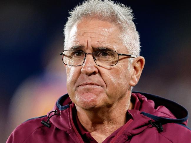 MELBOURNE, AUSTRALIA - JUNE 07: Chris Fagan, Senior Coach of the Lions is seen at three quarter time during the 2024 AFL Round 13 match between the Western Bulldogs and the Brisbane Lions at Marvel Stadium on June 07, 2024 in Melbourne, Australia. (Photo by Dylan Burns/AFL Photos via Getty Images)