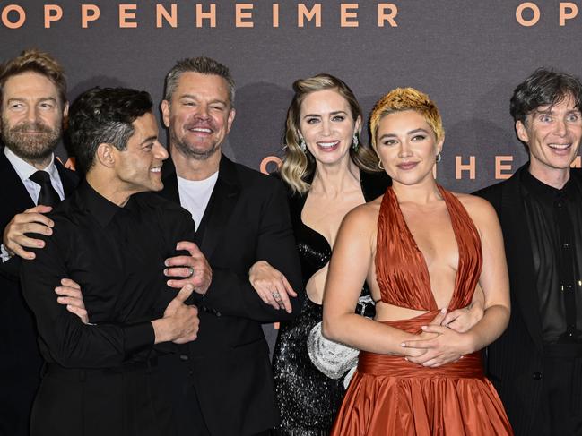 LONDON, ENGLAND - JULY 13: (L-R) Kenneth Branagh, Rami Malek, Matt Damon, Emily Blunt, Florence Pugh and Cillian Murphy attend the "Oppenheimer" UK Premiere at Odeon Luxe Leicester Square on July 13, 2023 in London, England. (Photo by Gareth Cattermole/Getty Images)