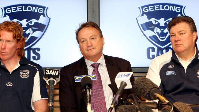 Cameron Ling, Brian Cook and Neil Balme at the press conference to announce Gary Ablett was leaving Geelong.