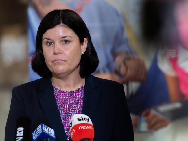 The team from AUSMAT prepares for the arrival of 175 passengers to Darwin from the UK. They will be in quarantine in Howard Springs. Health Minister Natasha Fyles talks to the media regarding the impending arrivals. Picture: Che Chorley