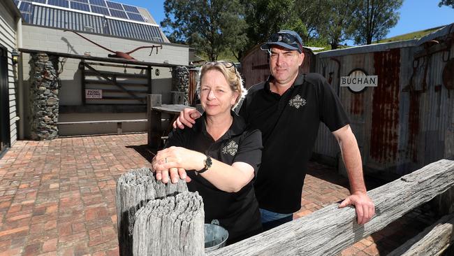 Buchan Caves Hotel pub owners Cathy and Darren Williams. Picture: Yuri Kouzmin