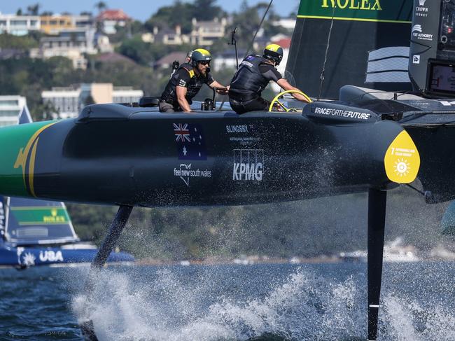 Australia SailGP Team helmed by Tom Slingsby in action on Race Day 1. Australia Sail Grand Prix presented by KPMG. 17 December 2021. Photo: Phil Hillyard for SailGP. Handout image supplied by SailGP