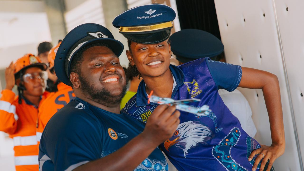 NRL Cowboys House students Tshak Daniels-Misi (Year 11) and Irene Mari (Year 12), both from Thursday Island, who attend William Ross State High School and Heatley Secondary College respectively. The Townsville students had the opportunity to witness a helicopter take-off, meet program organisers, sponsors and industry representatives and take part in aviation themed activities to officially launch the Raising Horizons program spearheaded by Gunggandji Aerospace. Picture: Josephine Carter Photography