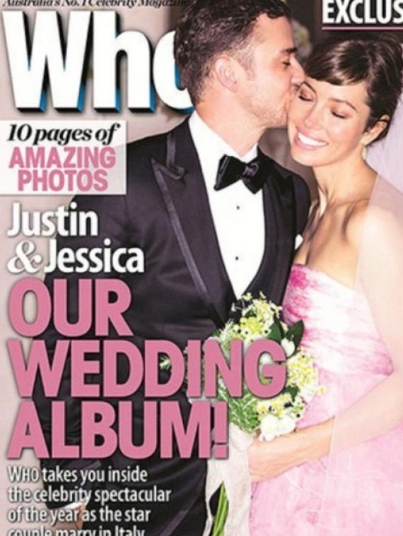 Jessica Biel in her pink gown on the cover of Who magazine.