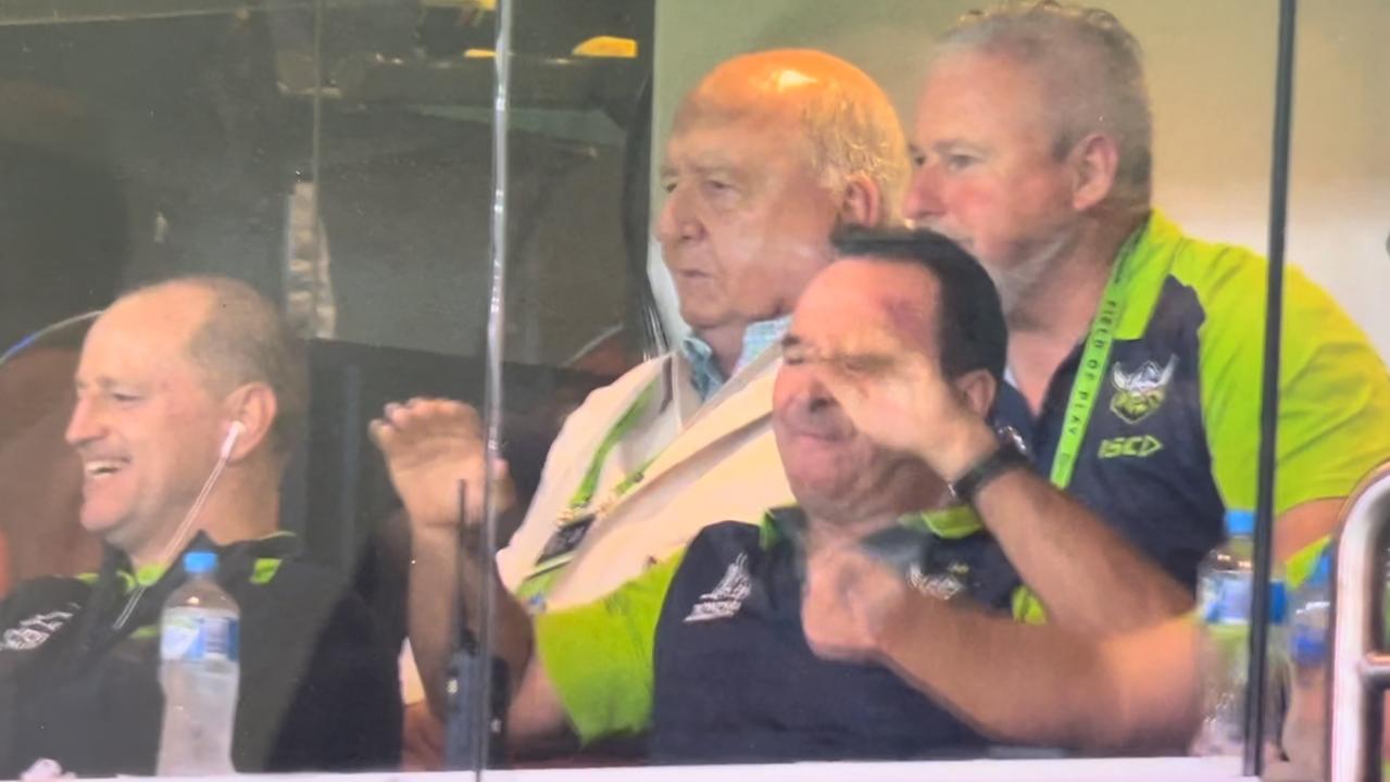 Alan Jones inside the Raiders' coach's box during their Magic Round win over Canterbury. Credit: Fox Sports