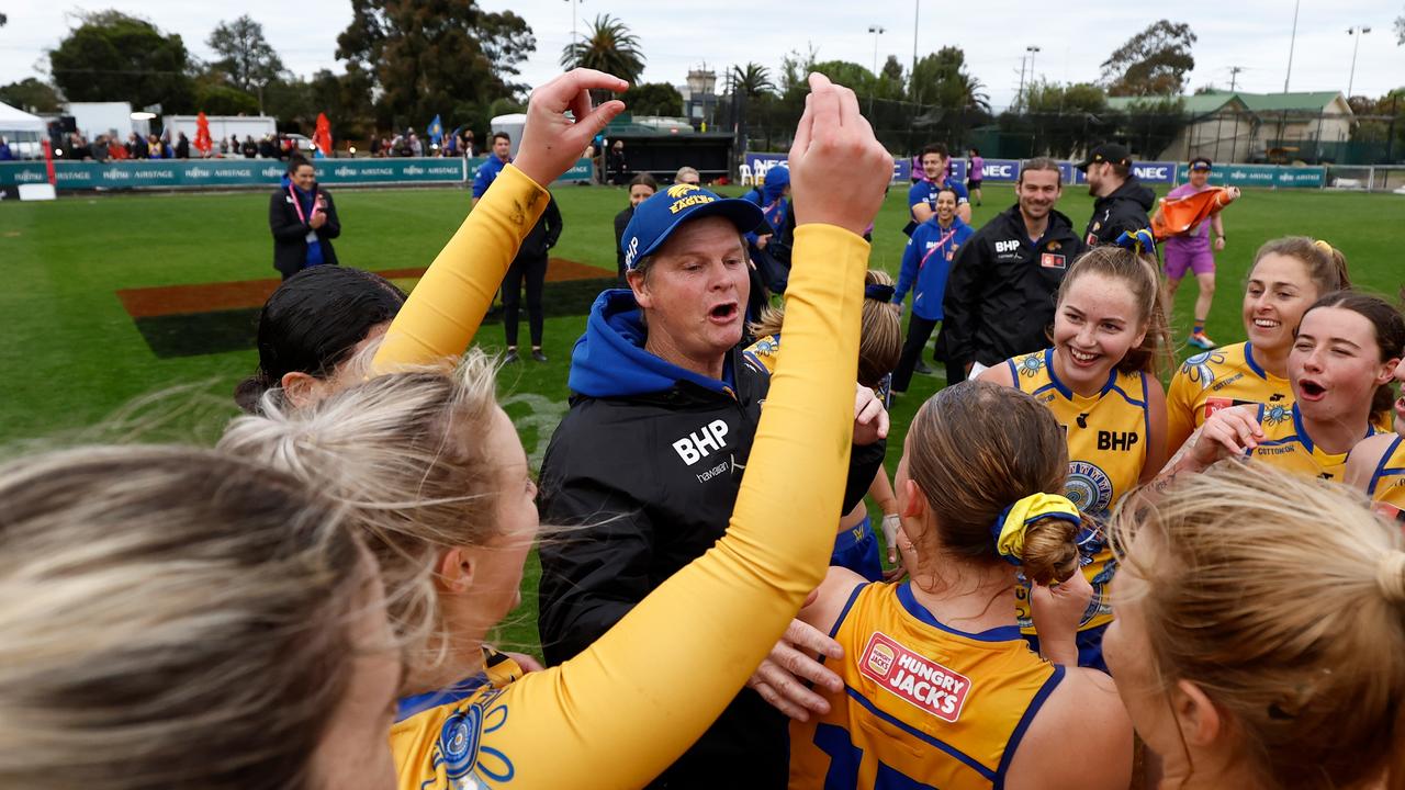 MELBOURNE, AUSTRALIA - OCTOBER 22: Michael Prior, Senior Coach of the Eagles celebrates with his players during the 2023 AFLW Round 08 match between The Essendon Bombers and The West Coast Eagles at Windy Hill on October 22, 2023 in Melbourne, Australia. (Photo by Michael Willson/AFL Photos via Getty Images)