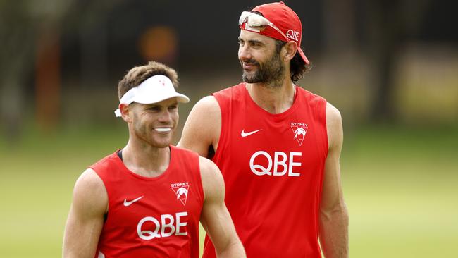 Taylor Adams and Brodie Grundy returned to training with the full Sydney squad at the Moore Park precinct on Monday. Picture: Phil Hillyard