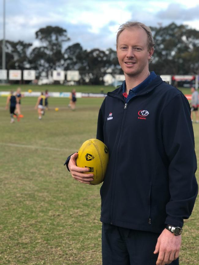 Central District SANFLW women’s coach Shaun Ribbons during pre-season. Picture: Desirée McMahon