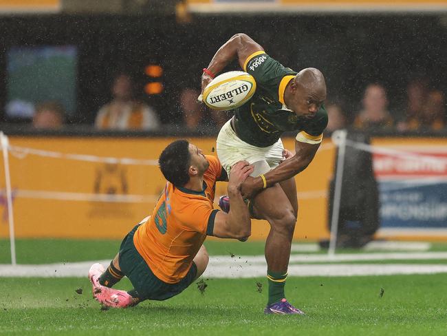 Springboks winger Makazole Mapimpi beats his opposite man during the win against the Wallabies. Picture: Getty Images