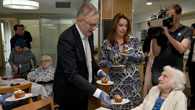 Anthony Albanese, at Eldercare Seaford last year with the Minister for Aged Care, Anika Wells and resident Lena Aldous, 100, to promote the Maggie Beer Foundation Aged Care Cook and Chef Support Program. Picture: NCA NewsWire