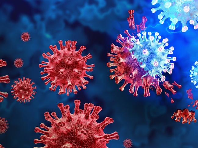 Mutating virus variant and cell mutation variants as a health risk concept and new coronavirus outbreak or covid-19 viral cells mutations and influenza background as a 3D render.