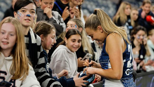 Geelong’s Claudia Gunjaca engages with fans after Geelong loss on Friday night. Picture: Dylan Burns/AFL Photos via Getty Images