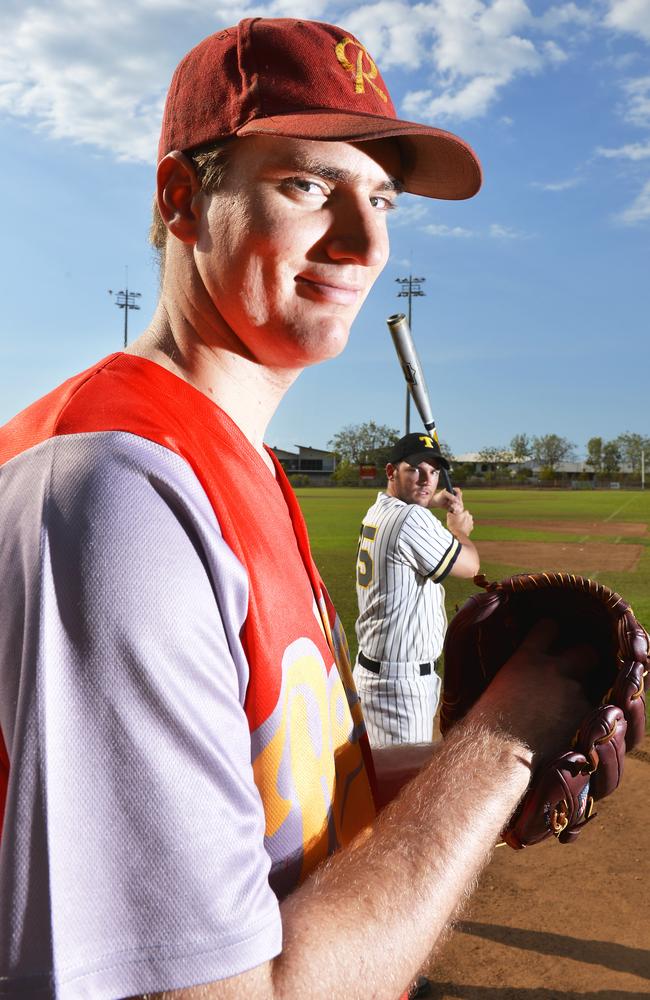 Tracy Village Rebels Baseball Club president Brodie Hertel (left), with Nightcliff’s Drew Hodgson, is concerned a report recommending changes at the Tracy Village Social and Sports Club has left baseball of the agenda. Picture: Elise Derwen