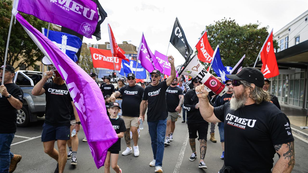 Jade Ingham of CFMEU on the megaphone during Toowoomba Labour Day March, Saturday, May 3, 2025. Picture: Kevin Farmer