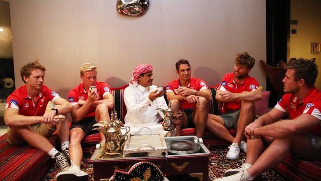 Swans Callum Mills, Isaac Heeney, Josh Kennedy, Dane Rampe and Luke Parker having tea at the Argan Restaurant during the Swans trip to Doha, Qatar. Picture: Phil Hillyard