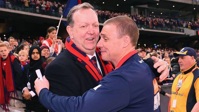 Glen Barlett and Melbourne coach Simon Goodwin.