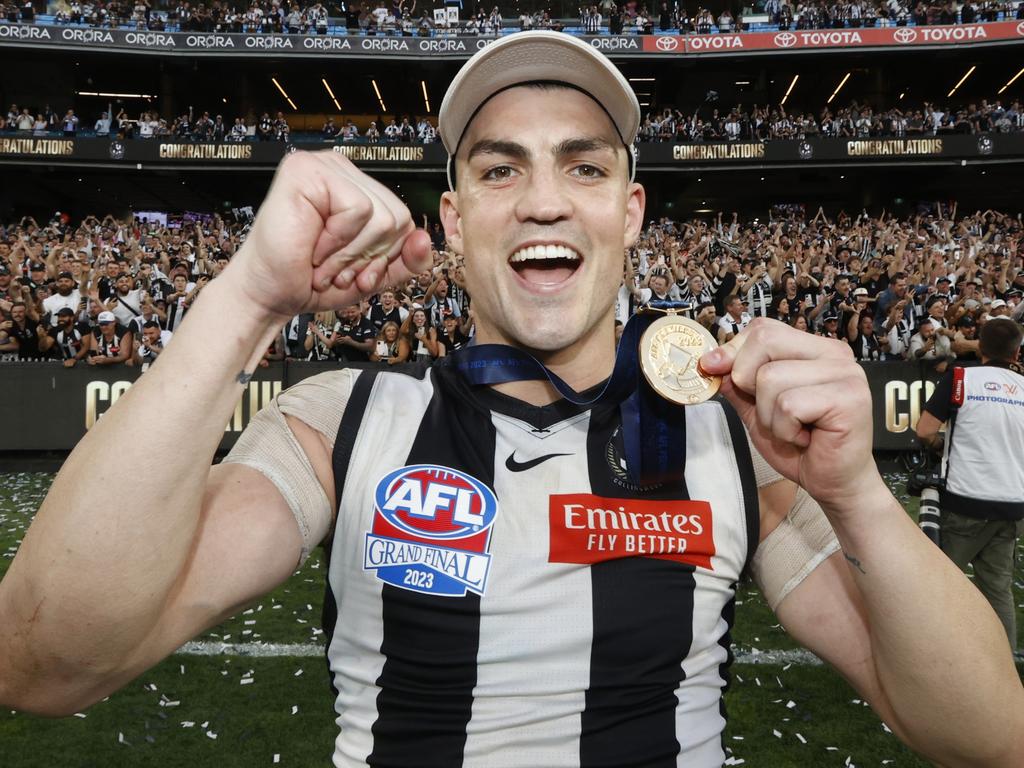 MELBOURNE, AUSTRALIA - SEPTEMBER 30: Brayden Maynard of the Magpies poses with his Premiership Medal after during the 2023 AFL Grand Final match between Collingwood Magpies and Brisbane Lions at Melbourne Cricket Ground, on September 30, 2023, in Melbourne, Australia. (Photo by Darrian Traynor/AFL Photos/via Getty Images)