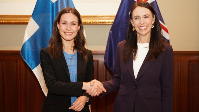 New Zealand's Prime Minister Jacinda Ardern (R) shakes hands with Finland’s Prime Minister Sanna Marin during a bilateral meeting in Auckland. Picture: AFP.