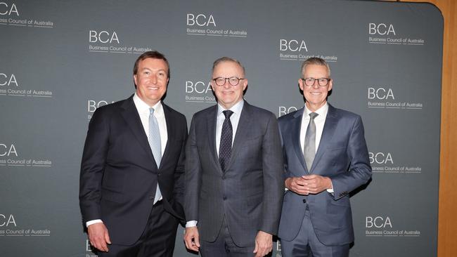 Prime Minister Anthony Albanese (centre) struck a cordial tone in his address to the Business Council of Australia (BCA), after he was scathed by the peak body’s chief executive Bran Black (left) and president Geoff Culbert (right).