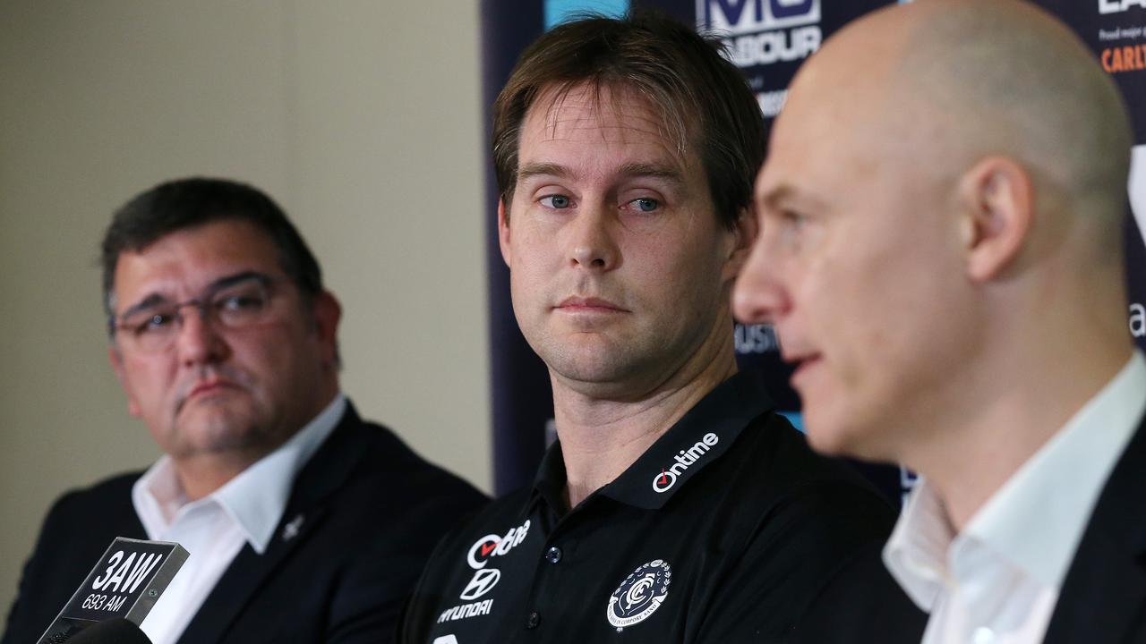 Outgoing Carlton president Mark Logiudice with coach David Teague and CEO Caid Liddle. Picture: Michael Klein