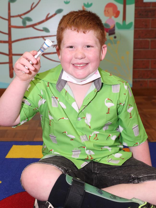 Braxton McLaglen, 7, after taking a rapid antigen test. Picture: Alan Barber