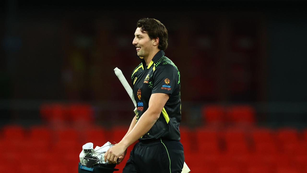 Tim David walks off after being dismissed for a duck. Picture: Chris Hyde/Getty Images