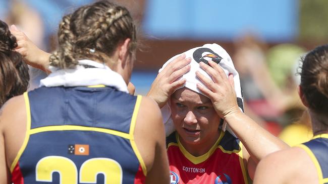 Cramey feels the heat at three-quarter-time in a clash against Geelong in 2019. Picture: Sarah Reed