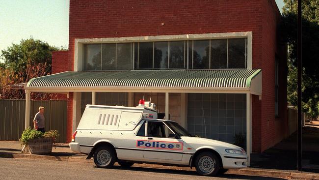 Outside the disused bank in Snowtown. May, 1999 Photo: Chris Mangan