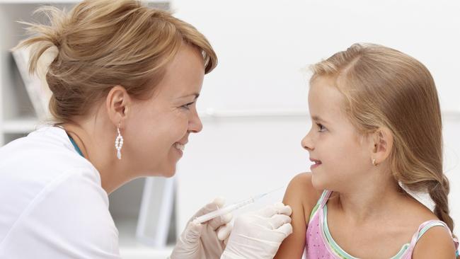 Generic Brave little girl receiving injection. Vaccination story. From Thinkstock.