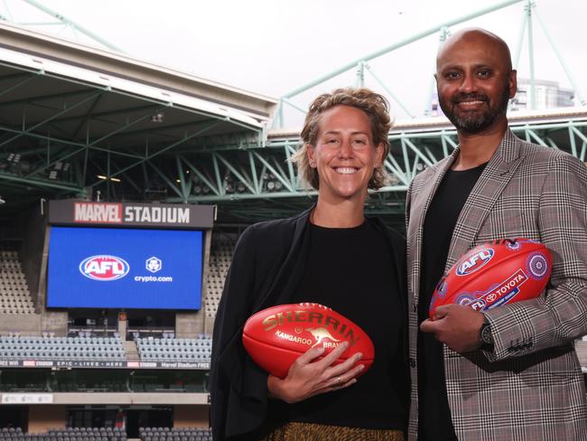 The AFL’s Kylie Rogers and Crypto.com’s Karl Mohan. Picture: Jonathan Di Maggio