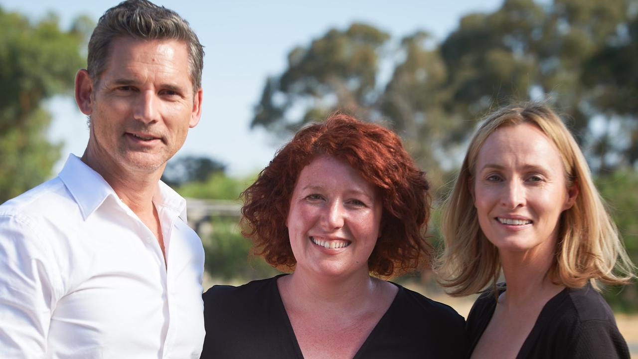 Jane Harper (centre) on the set of The Dry, the film adaptation of her best-selling novel, with Eric Bana and Genevieve O’Reilly. Picture: Supplied