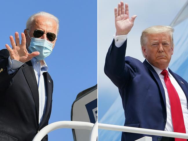 (COMBO) This combination of pictures created on October 30, 2020 shows Democratic presidential candidate Joe Biden waving as he boards his plane in New Castle, Delaware, on October 22, 2020 and US President Donald Trump boarding Air Force One as he departs from Joint Base Andrews in Maryland on May 30, 2020. (Photos by Angela Weiss and MANDEL NGAN / AFP)