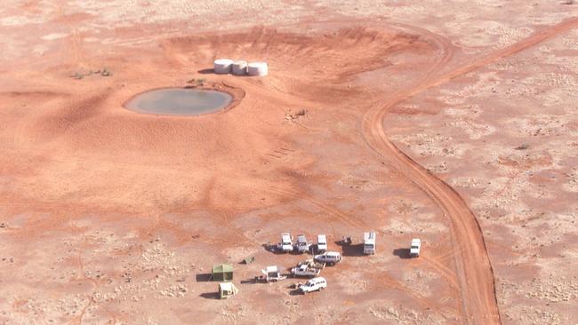 A 2003 aerial shot of a remote dam on the Welbourn Hill cattle station, 33kms southeast of Marla in SA’s outback. Picture: Lindsay Moller